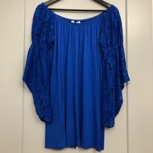 Cute cobalt blue mini-dress with bell sleeves.